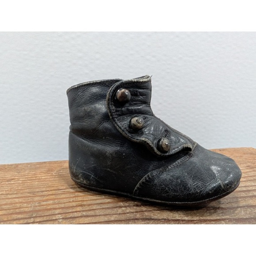 Antique Black Leather Button Up Baby Bootie Child‎ Single Shoe 1910s OOAK